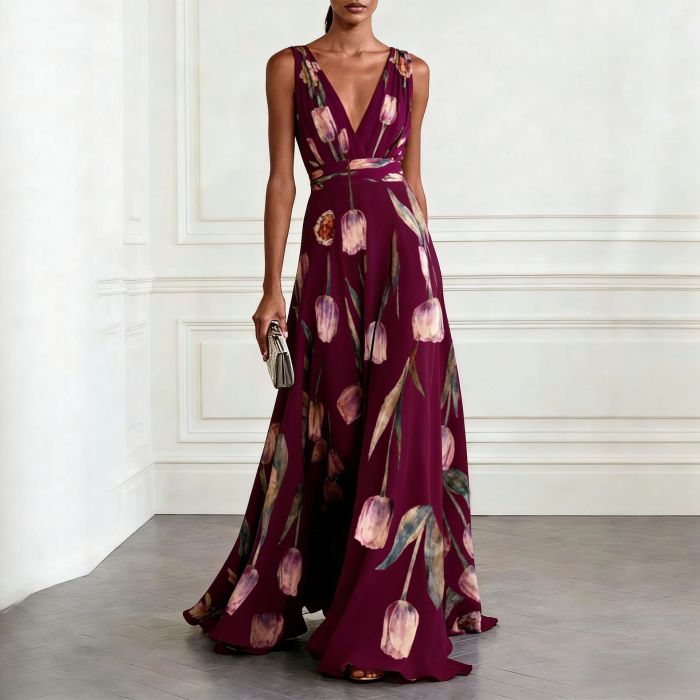 ✨ Tulip Print Sleeveless V-Neck Long Dress ✨