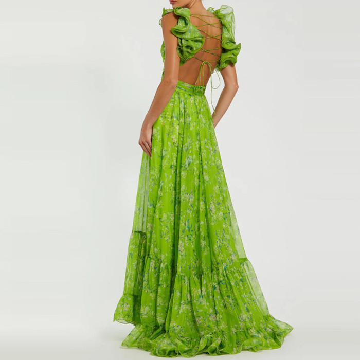 ✨ French Style Backless Floral Chiffon Dress ✨