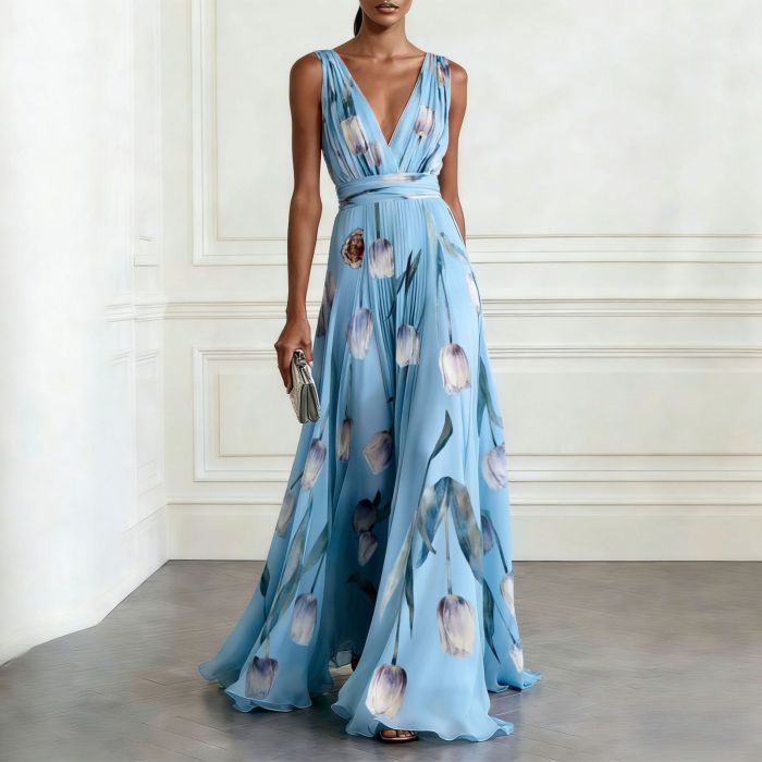 ✨ Tulip Print Sleeveless V-Neck Long Dress ✨