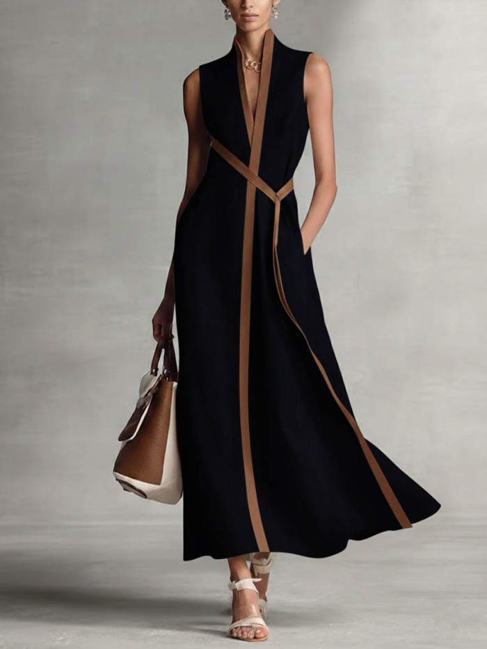 ✨Striped Print V Neck Sleeveless A-Line Maxi Dress✨