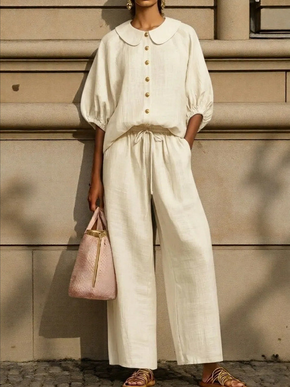 ✨ Doll Collar Half Sleeve Top & Lace-Up Straight Trousers 2 Piece Set ✨