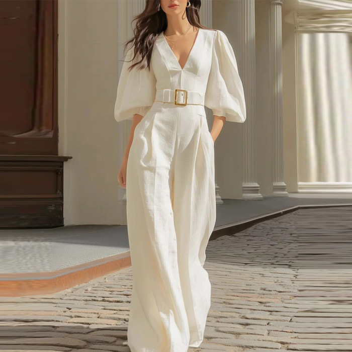 ✨White V Neck Puff Sleeve Cinch Waist Wide Leg Jumpsuit✨