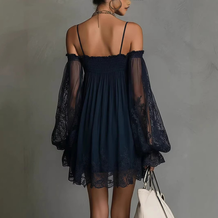 ✨Off Shoulder Lace Long Sleeve Loose Mini Dress✨