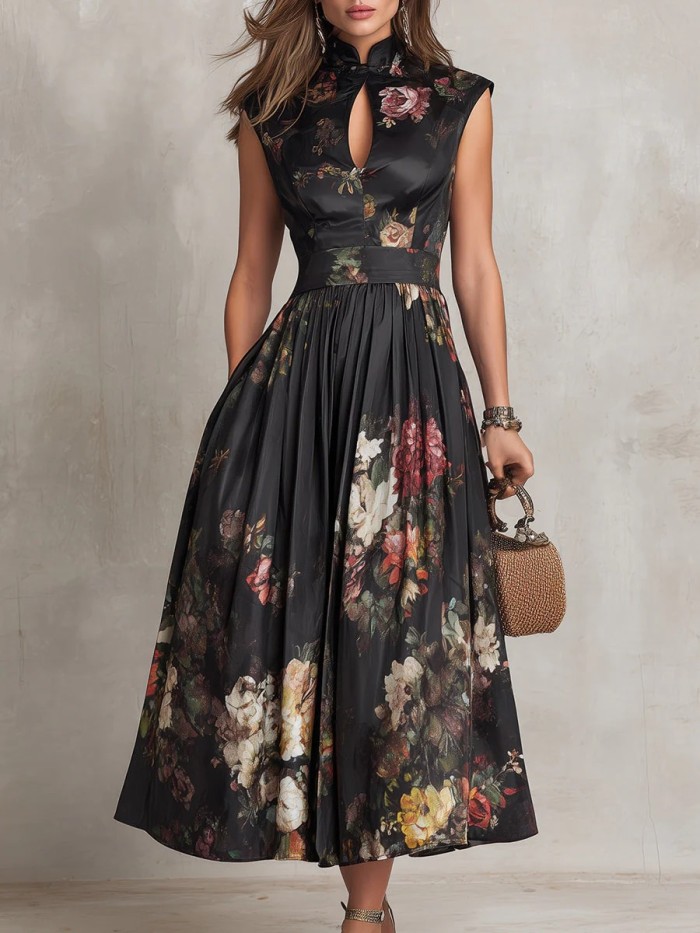 ✨Elegant Floral Satin Sleeveless Midi Evening Gown🌸