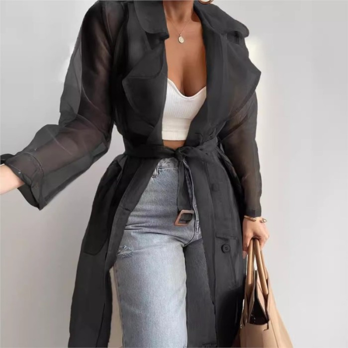 ✨Solid Organza See Through Lapel Long Sleeve Trench Coat🌫️