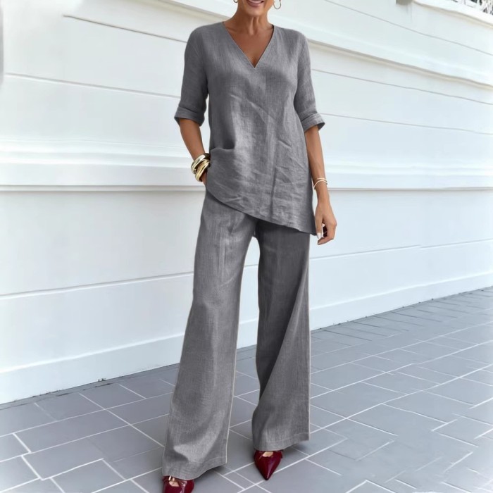 ✨Cotton Linen V-Neck Mid-Sleeve Top & Straight Pants 2-Piece Set✨