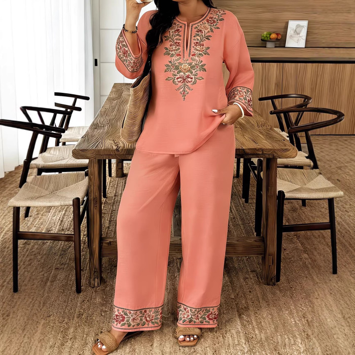 ✨ Fashion Print Blouse & Straight Trousers Two Piece Set 🌿