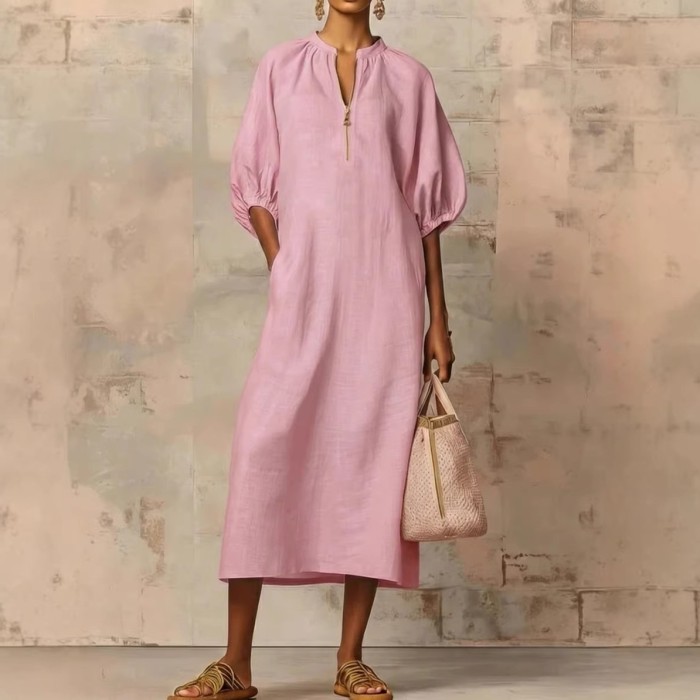 ✨Solid Color Zipper V-Neck Short Sleeve Maxi Dress🌿