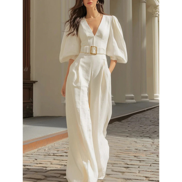 ✨White V Neck Puff Sleeve Cinch Waist Wide Leg Jumpsuit✨