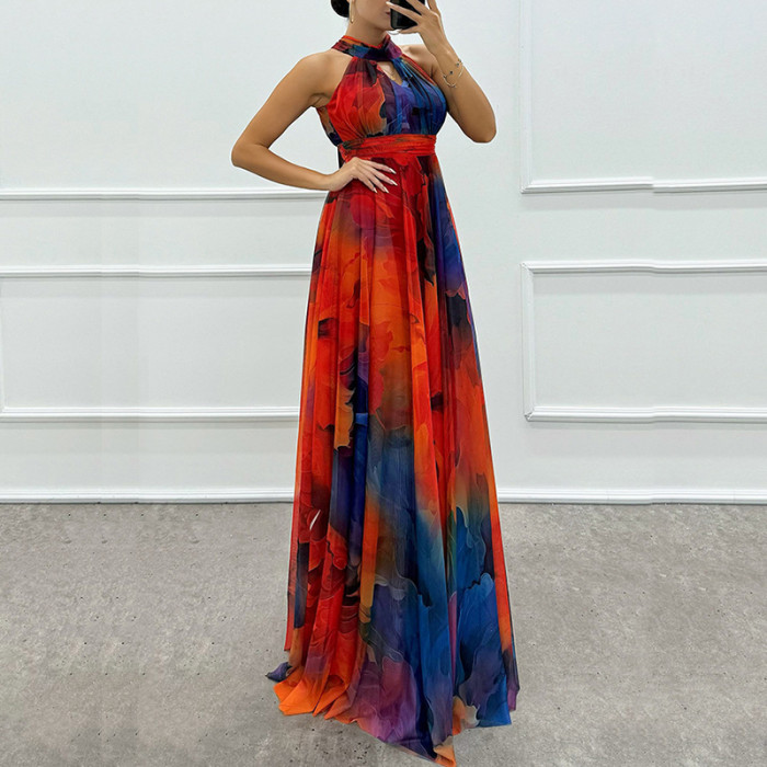 ✨ Halter Hollow Out Vintage Print High Waist Maxi Dress ✨