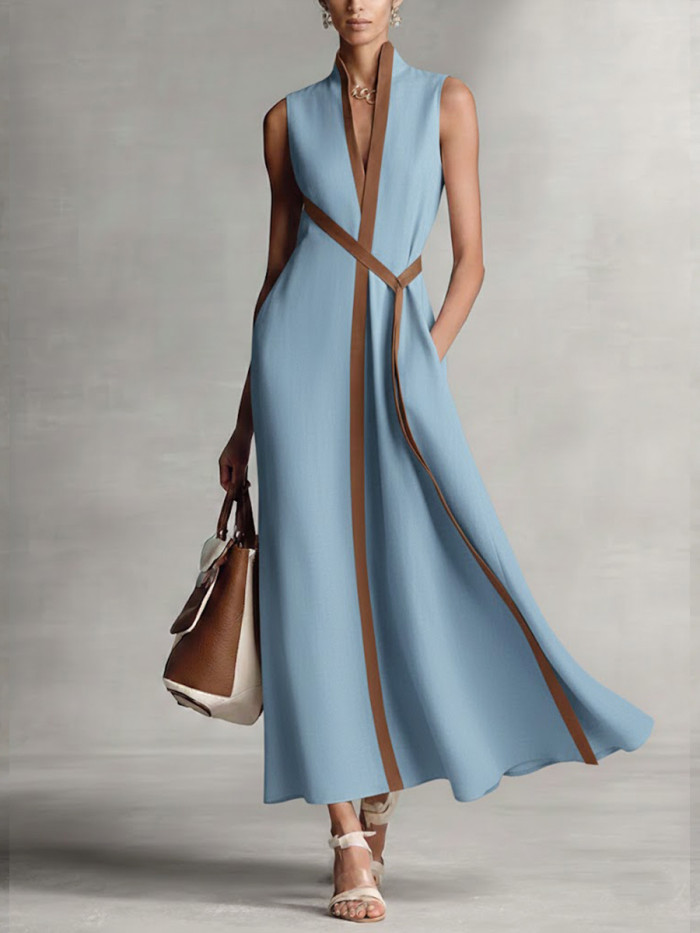 ✨Striped Print V Neck Sleeveless A-Line Maxi Dress✨