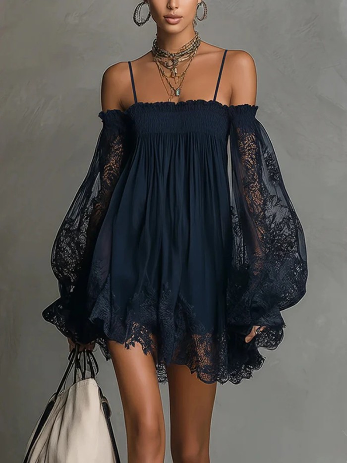 ✨Off Shoulder Lace Long Sleeve Loose Mini Dress✨