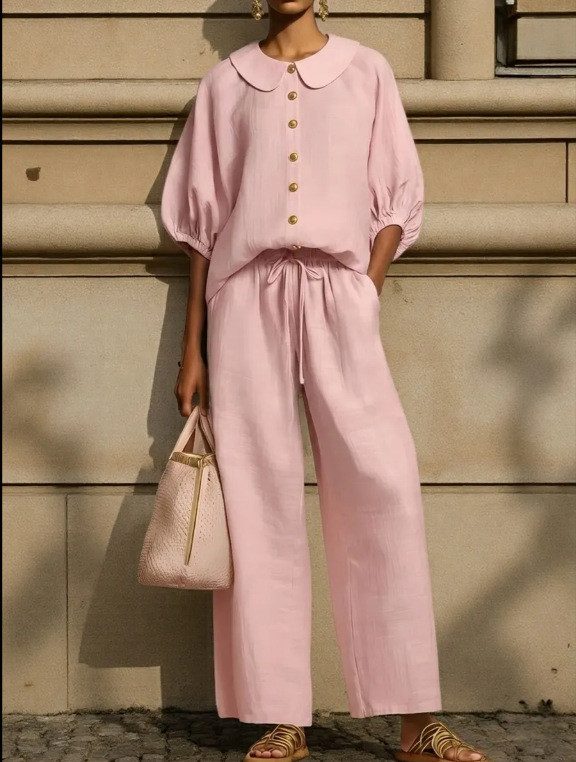✨ Doll Collar Half Sleeve Top & Lace-Up Straight Trousers 2 Piece Set ✨