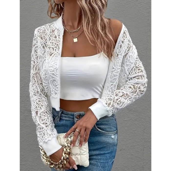 ✨White Crochet Lace Sheer Zip Up Cropped Jacket✨