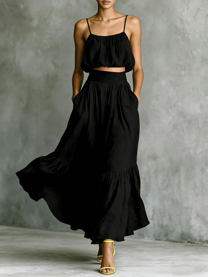 ✨Solid Spaghetti Strap Crop Cami & Ruffle Hem Maxi Skirt Set✨