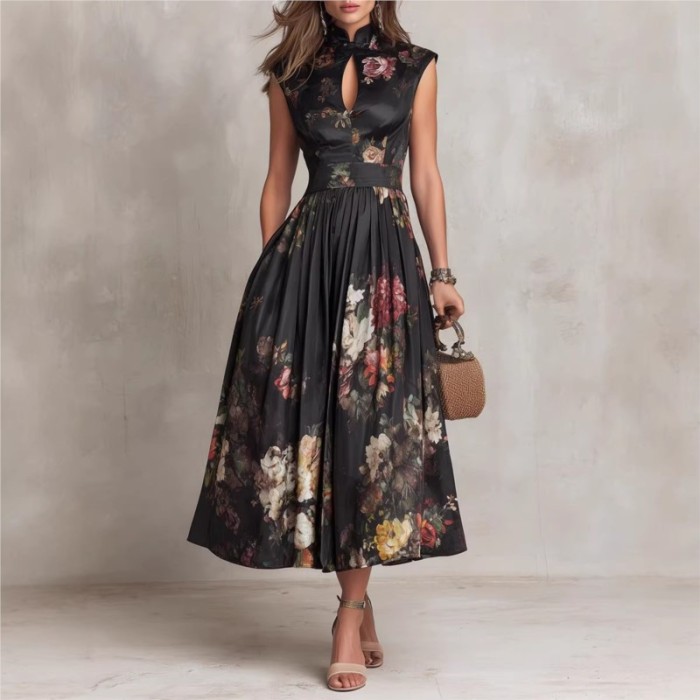 ✨Elegant Floral Satin Sleeveless Midi Evening Gown🌸