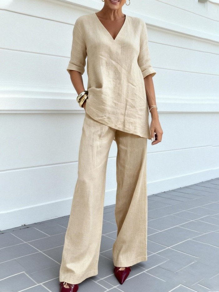 ✨Cotton Linen V-Neck Mid-Sleeve Top & Straight Pants 2-Piece Set✨