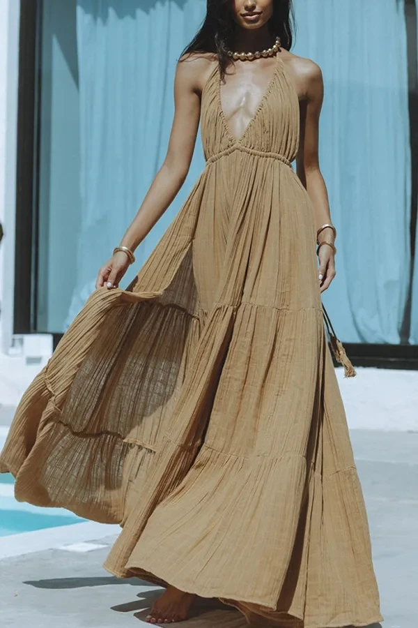 ✨ Solid Color Halter Deep V Backless Slit Maxi Dress ✨