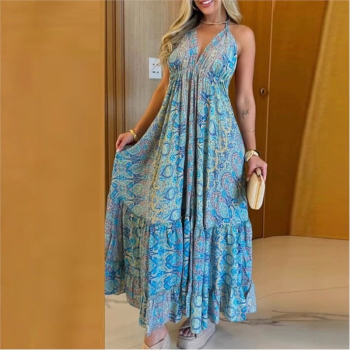 ✨Halter Deep V Lace-Up Backless Ruffle Boho Long Dress✨