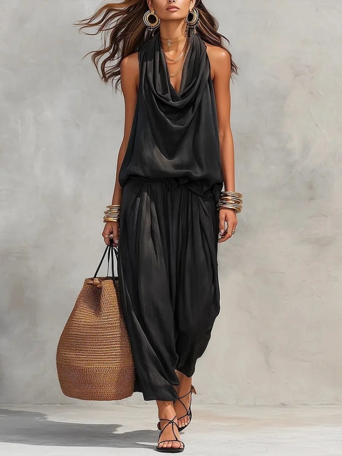 ✨ Ruffled Backless Sleeveless Vest & High Waist Solid Pants 2 Piece Set ✨