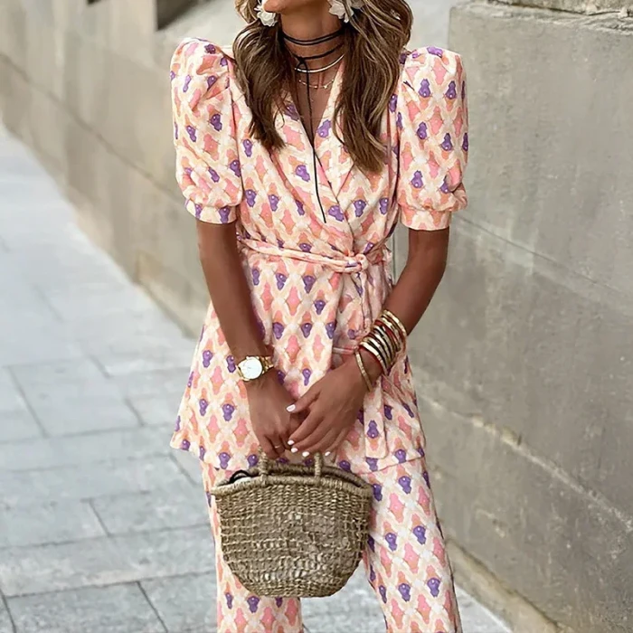 ✨ Lace-Up Short Sleeve Printed Top & Wide Leg Pants 2 Piece Set ✨