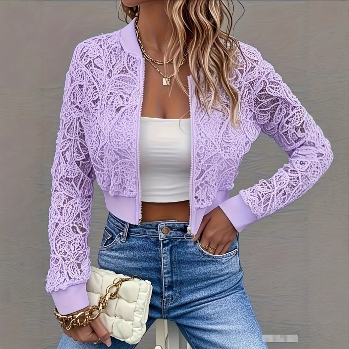 ✨White Crochet Lace Sheer Zip Up Cropped Jacket✨