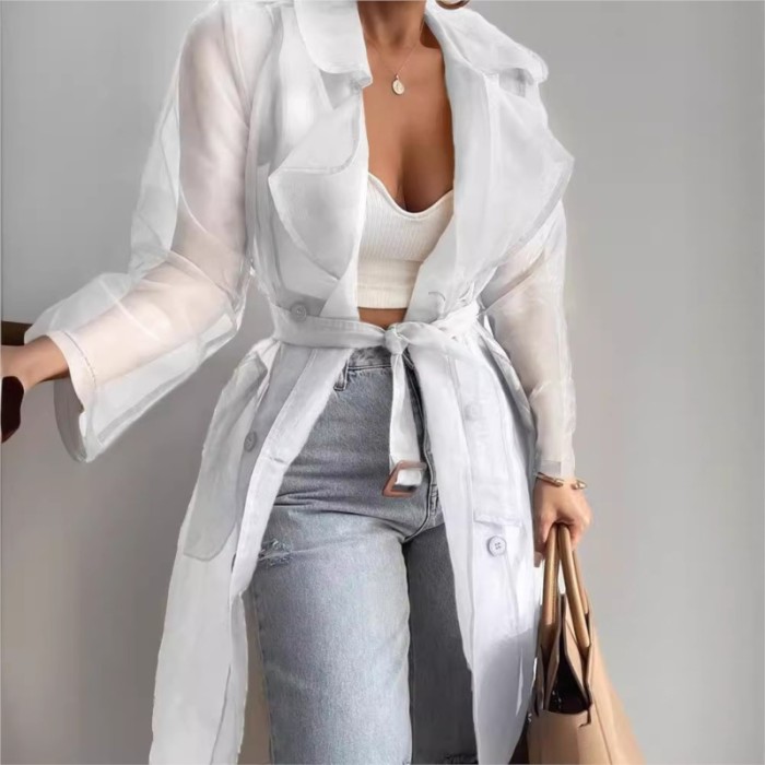 ✨Solid Organza See Through Lapel Long Sleeve Trench Coat🌫️