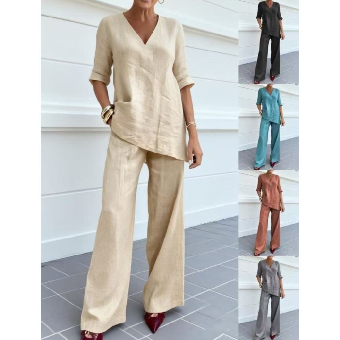 ✨Cotton Linen V-Neck Mid-Sleeve Top & Straight Pants 2-Piece Set✨