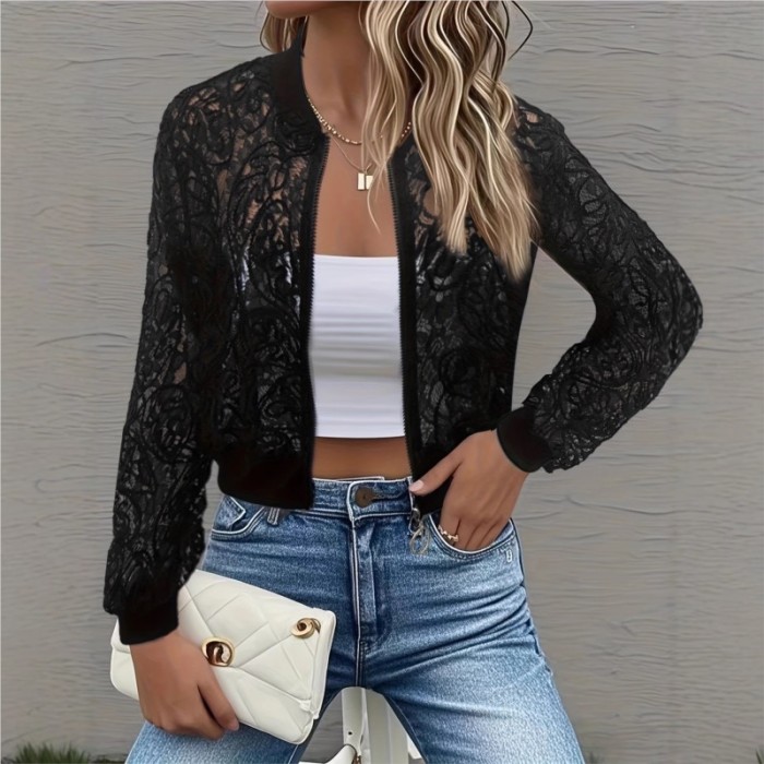 ✨White Crochet Lace Sheer Zip Up Cropped Jacket✨