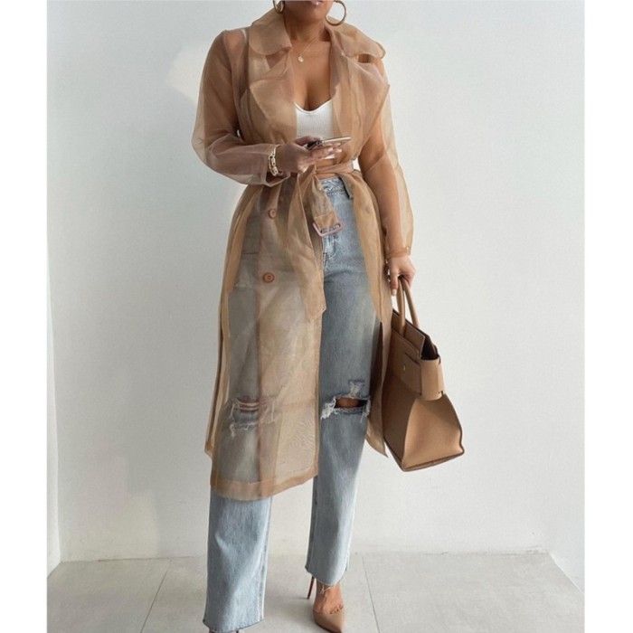 ✨Solid Organza See Through Lapel Long Sleeve Trench Coat🌫️