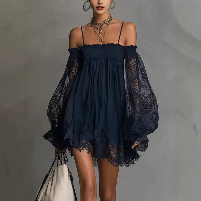 ✨Off Shoulder Lace Long Sleeve Loose Mini Dress✨