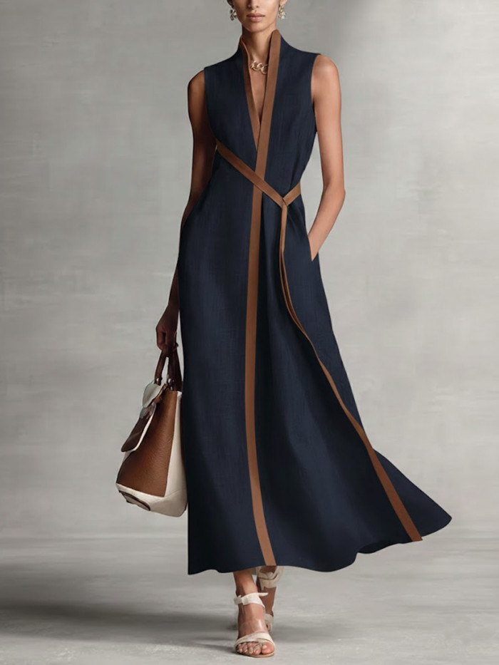 ✨Striped Print V Neck Sleeveless A-Line Maxi Dress✨