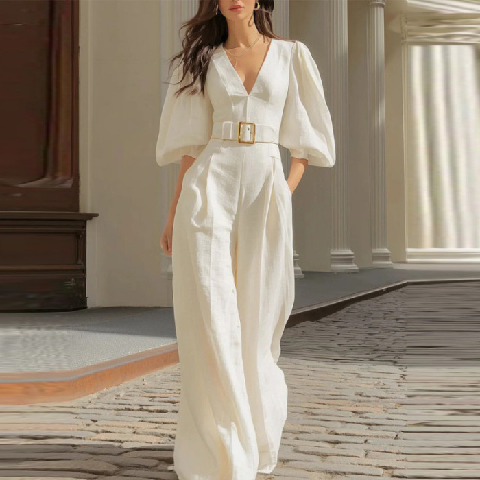 ✨White V Neck Puff Sleeve Cinch Waist Wide Leg Jumpsuit✨