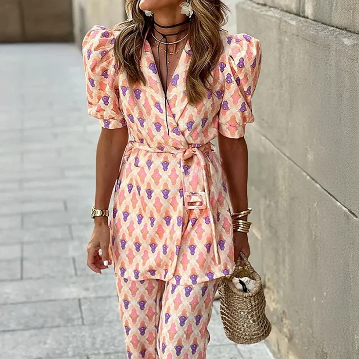 ✨ Lace-Up Short Sleeve Printed Top & Wide Leg Pants 2 Piece Set ✨