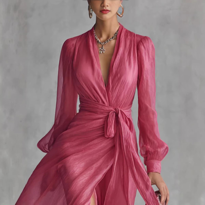 ✨Solid Color V-Neck Long Sleeve Maxi Dress🌙