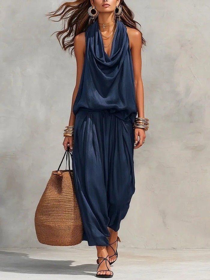 ✨ Ruffled Backless Sleeveless Vest & High Waist Solid Pants 2 Piece Set ✨