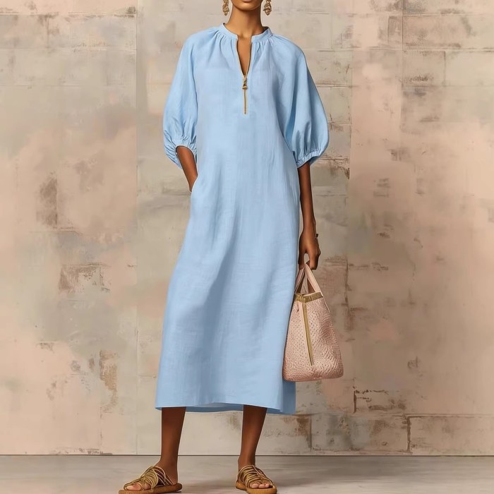 ✨Solid Color Zipper V-Neck Short Sleeve Maxi Dress🌿