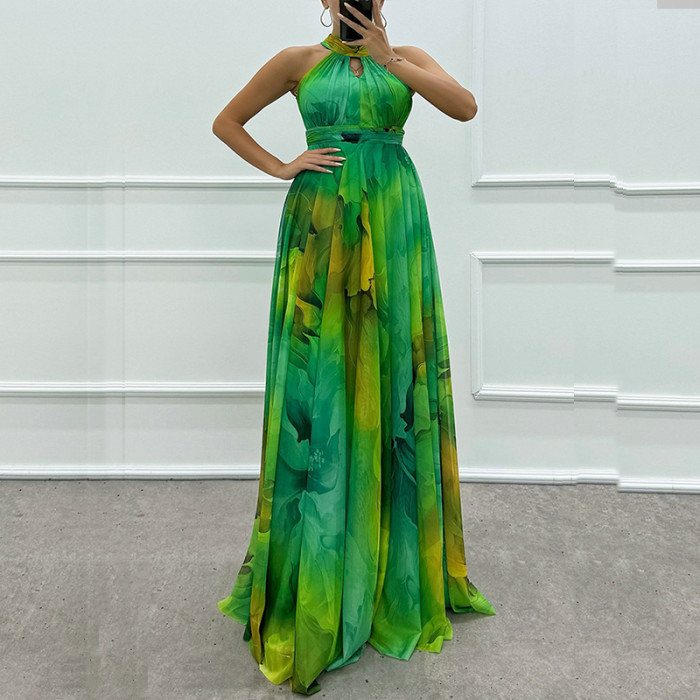 ✨ Halter Hollow Out Vintage Print High Waist Maxi Dress ✨