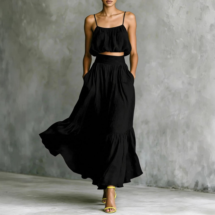 ✨Solid Spaghetti Strap Crop Cami & Ruffle Hem Maxi Skirt Set✨