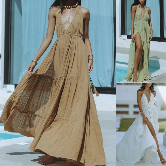 ✨ Solid Color Halter Deep V Backless Slit Maxi Dress ✨