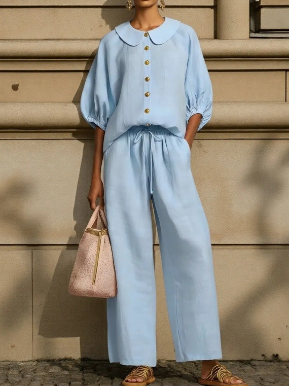 ✨ Doll Collar Half Sleeve Top & Lace-Up Straight Trousers 2 Piece Set ✨
