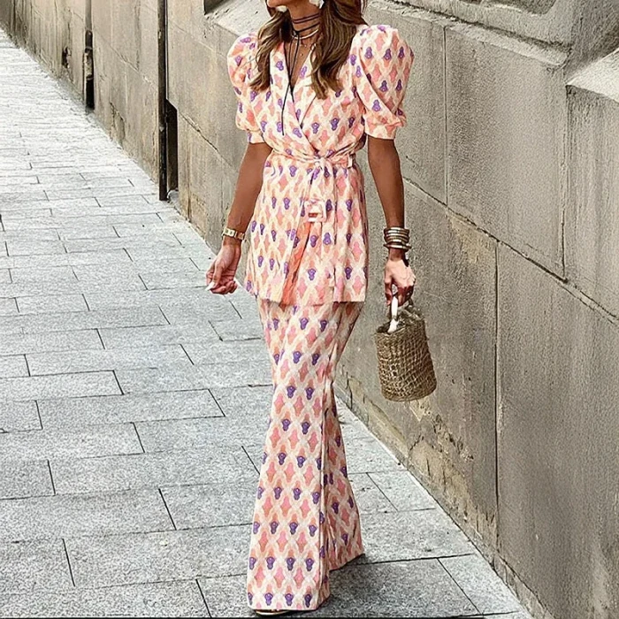 ✨ Lace-Up Short Sleeve Printed Top & Wide Leg Pants 2 Piece Set ✨