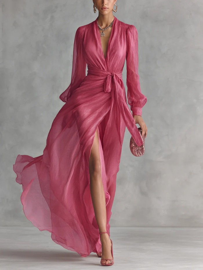 ✨Solid Color V-Neck Long Sleeve Maxi Dress🌙