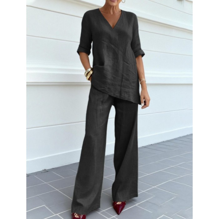 ✨Cotton Linen V-Neck Mid-Sleeve Top & Straight Pants 2-Piece Set✨