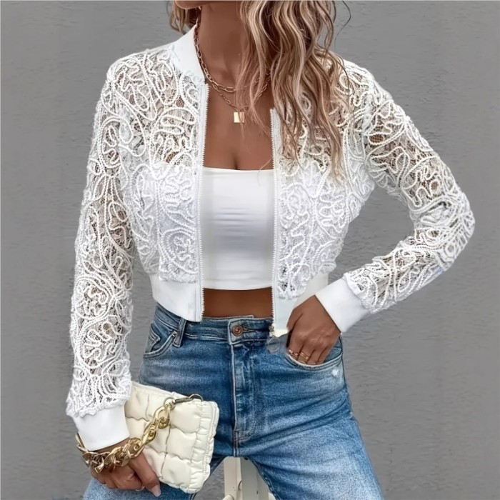 ✨White Crochet Lace Sheer Zip Up Cropped Jacket✨