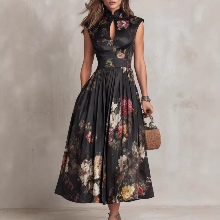 ✨Elegant Floral Satin Sleeveless Midi Evening Gown🌸