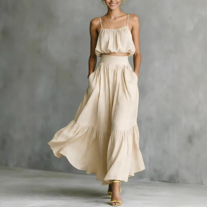 ✨Solid Spaghetti Strap Crop Cami & Ruffle Hem Maxi Skirt Set✨