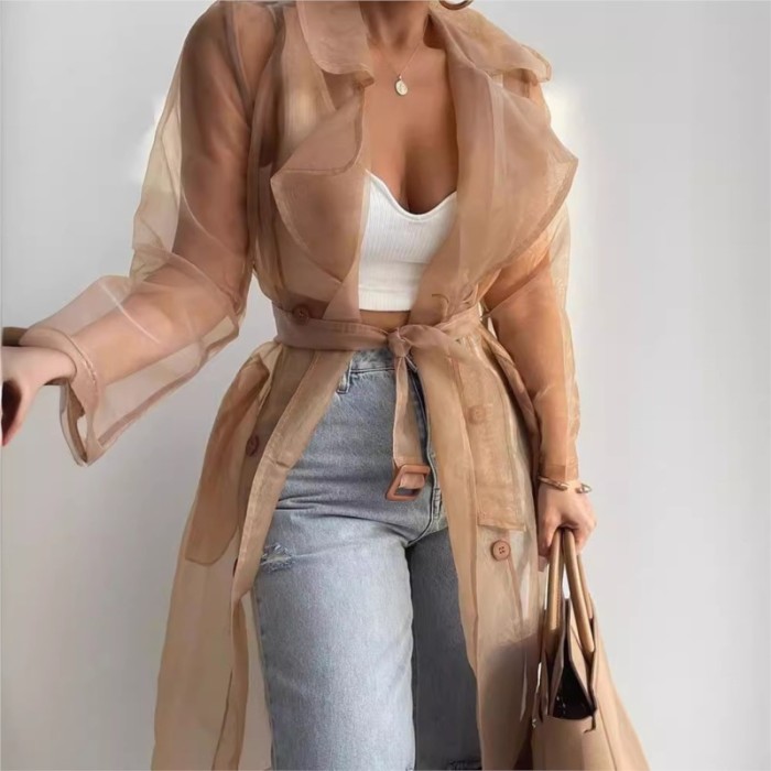 ✨Solid Organza See Through Lapel Long Sleeve Trench Coat🌫️