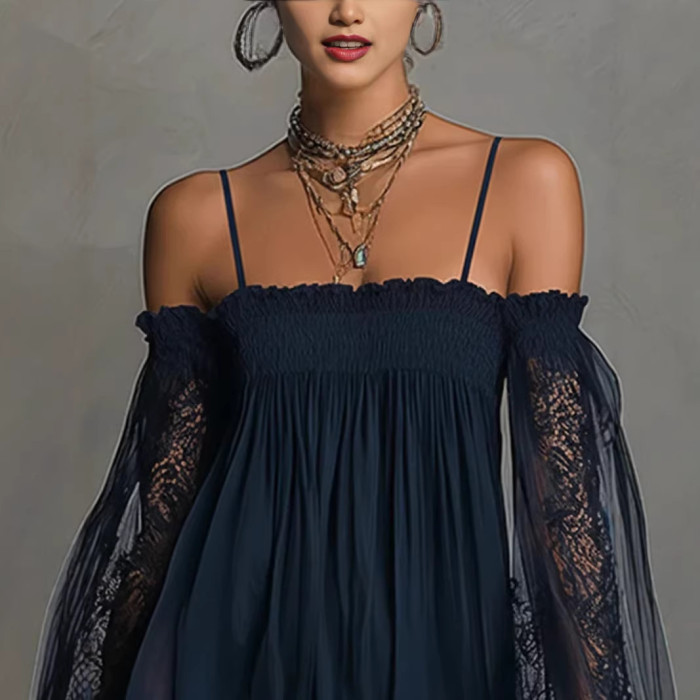 ✨Off Shoulder Lace Long Sleeve Loose Mini Dress✨