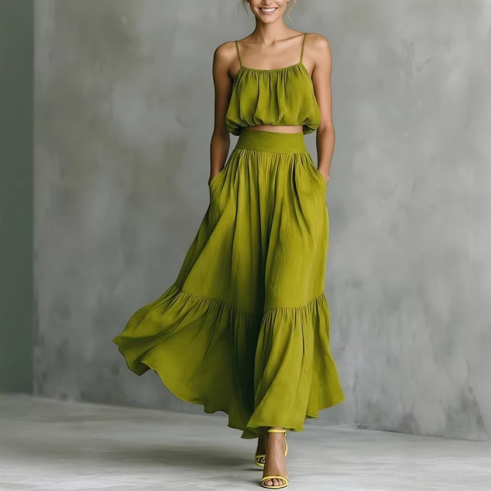 ✨Solid Spaghetti Strap Crop Cami & Ruffle Hem Maxi Skirt Set✨